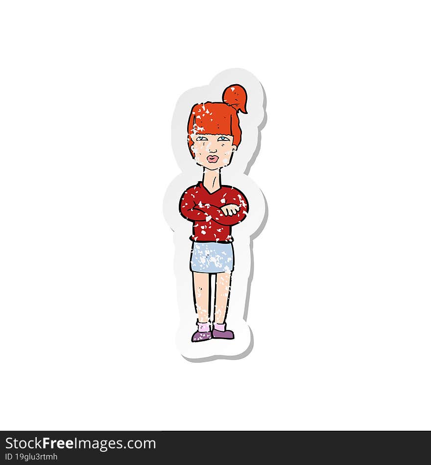 retro distressed sticker of a cartoon annoyed woman