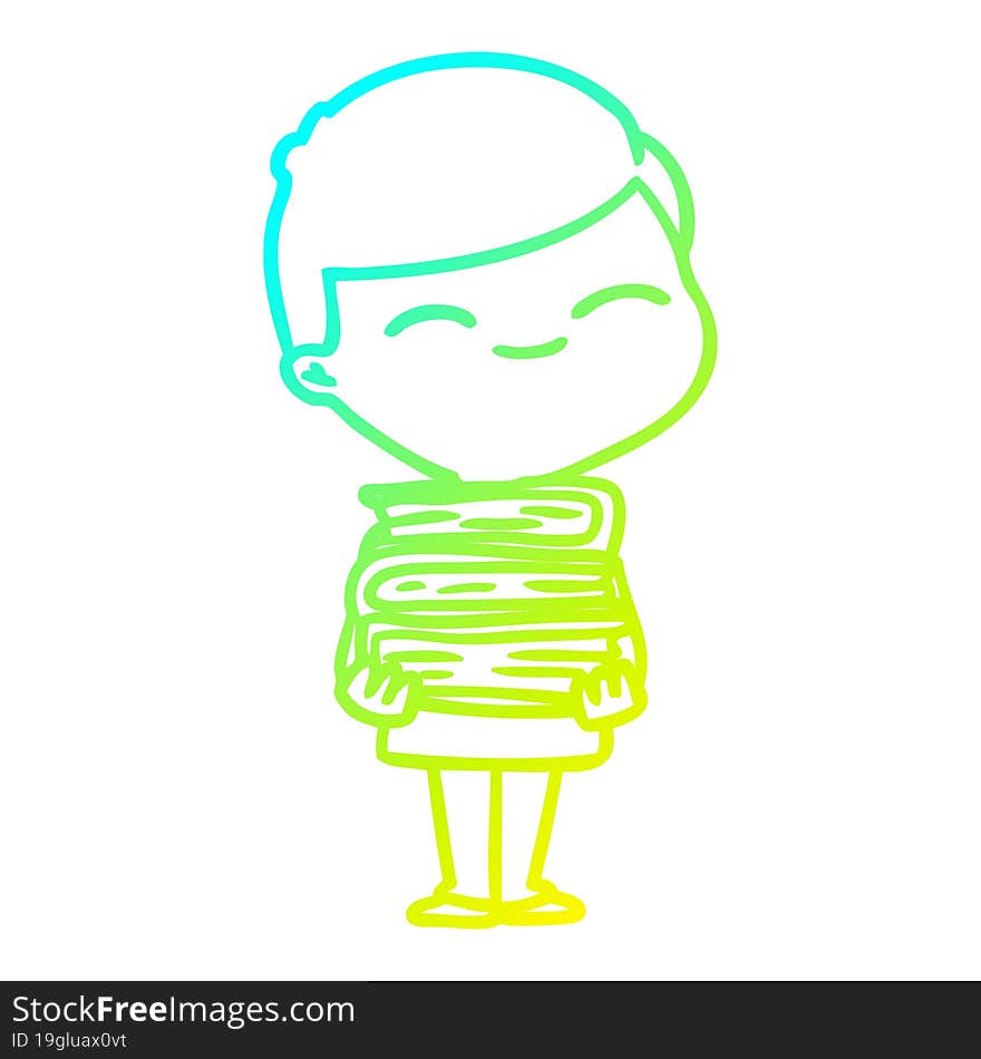 Cold Gradient Line Drawing Cartoon Smiling Boy With Stack Of Books