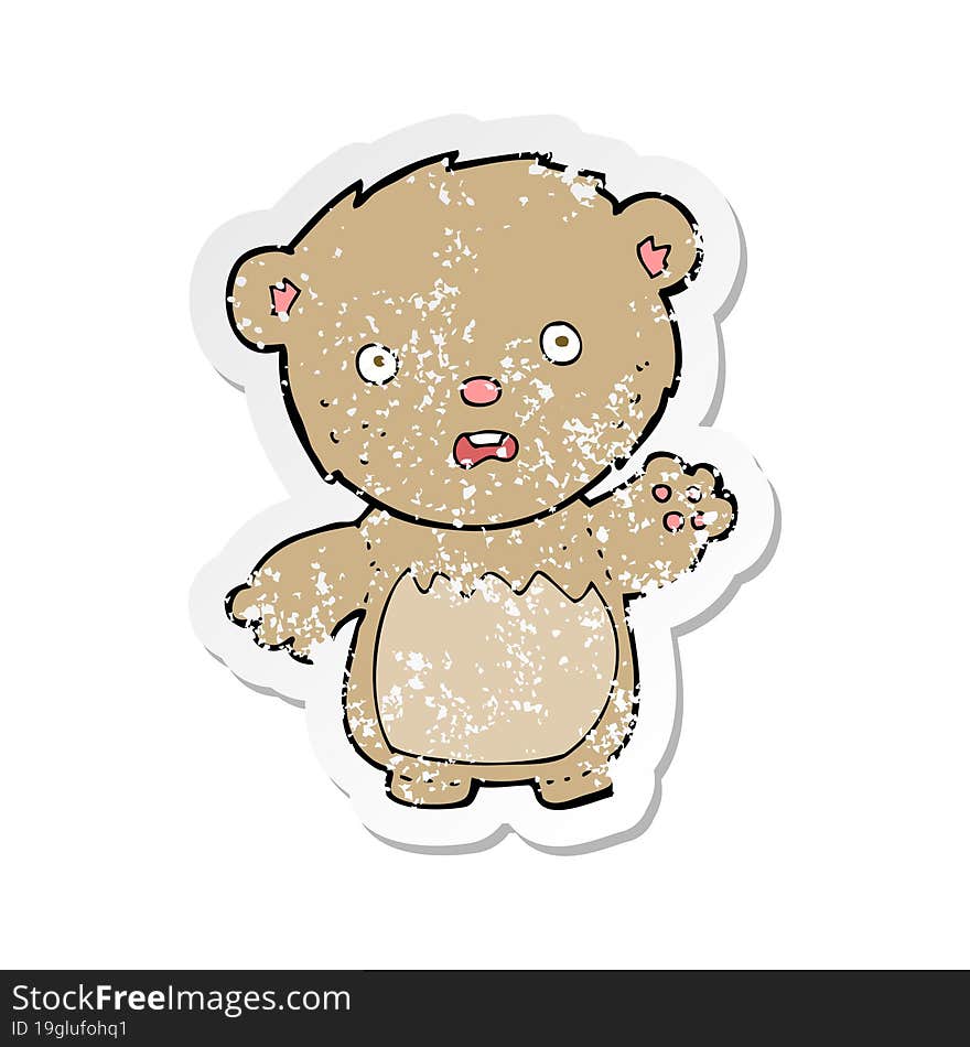 retro distressed sticker of a cartoon worried teddy bear