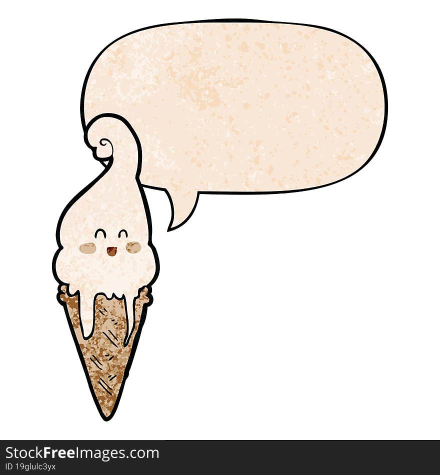 cartoon ice cream and speech bubble in retro texture style