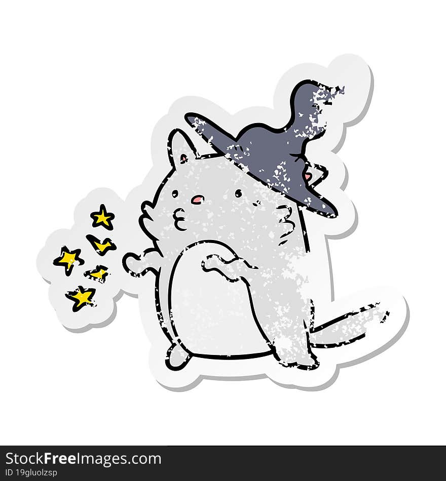 distressed sticker of a cartoon cat wizard