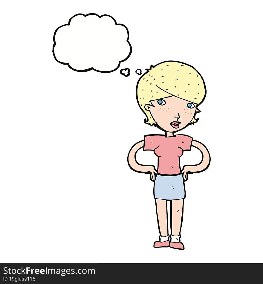 cartoon woman with hands on hips with thought bubble