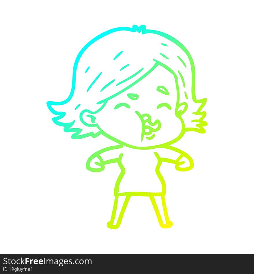 cold gradient line drawing cartoon girl pulling face