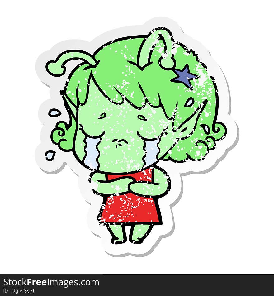 distressed sticker of a cartoon crying alien girl