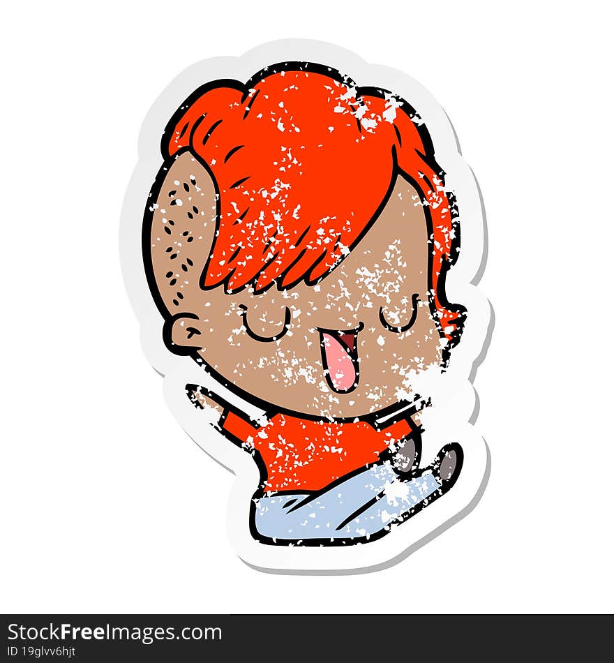 distressed sticker of a cute cartoon girl with hipster haircut