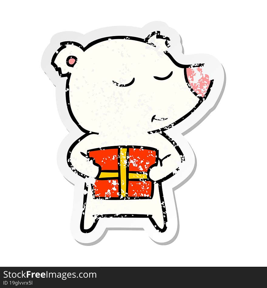 distressed sticker of a happy cartoon polar bear with present