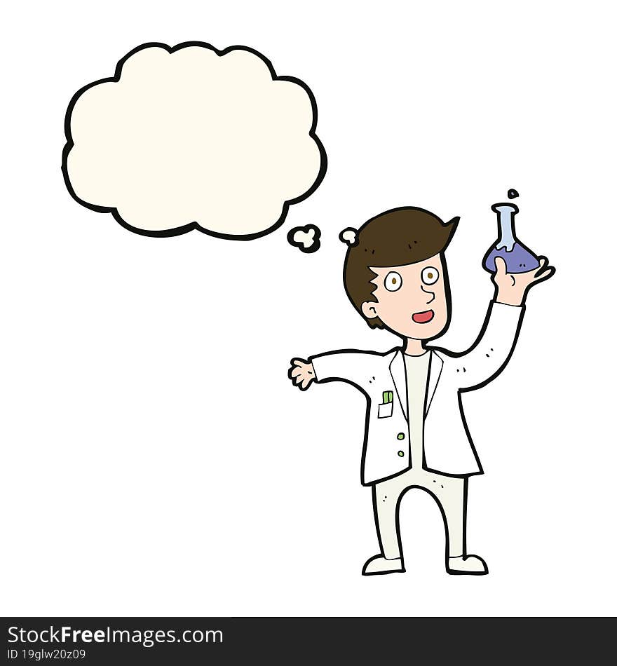 cartoon happy scientist with thought bubble