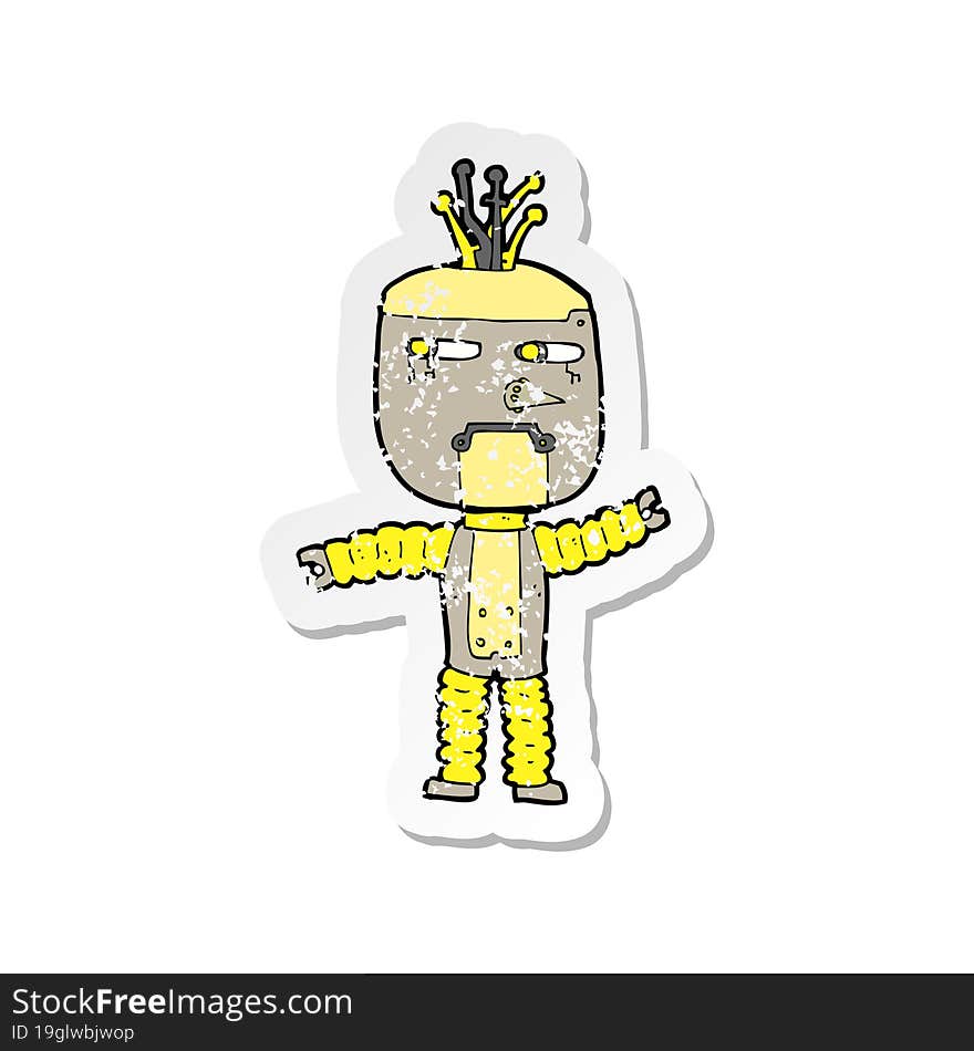 retro distressed sticker of a cartoon waving robot