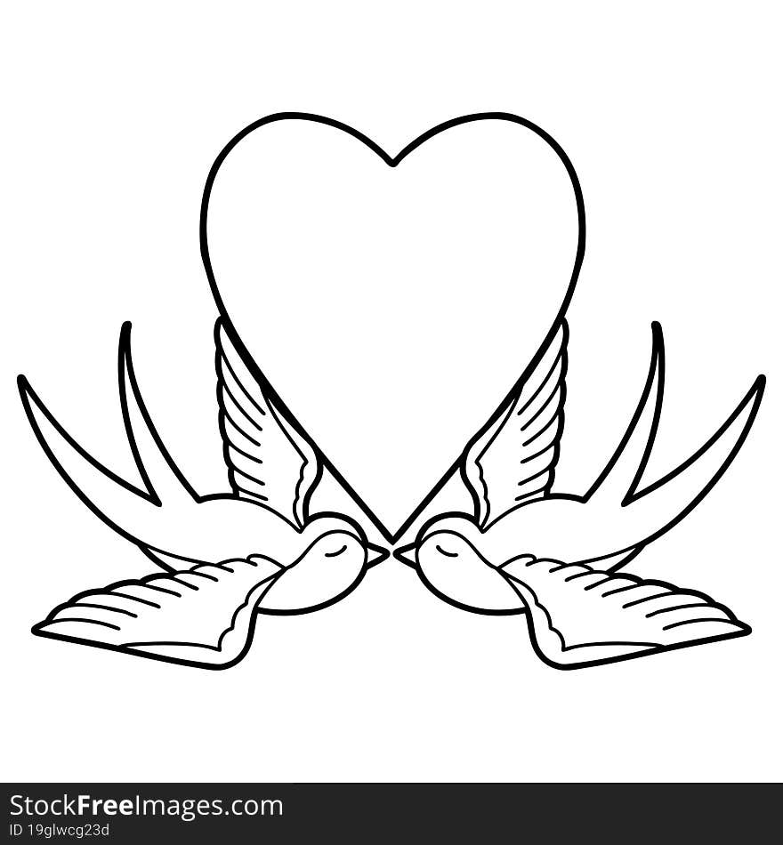 black line tattoo of a swallows and a heart