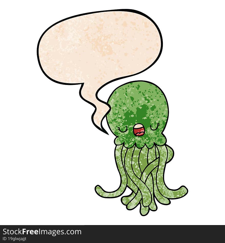 cartoon jellyfish and speech bubble in retro texture style