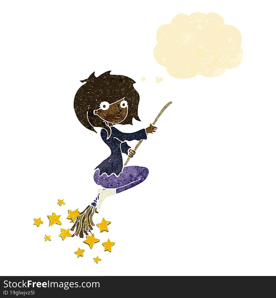 cartoon witch riding broomstick with thought bubble