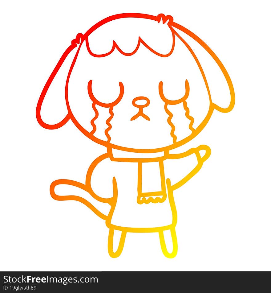 warm gradient line drawing of a cute cartoon dog crying