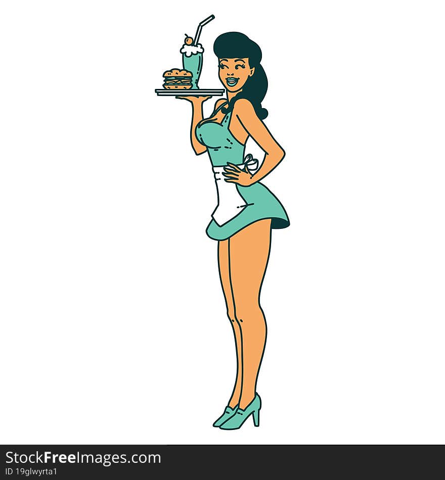 tattoo style icon of a pinup waitress girl