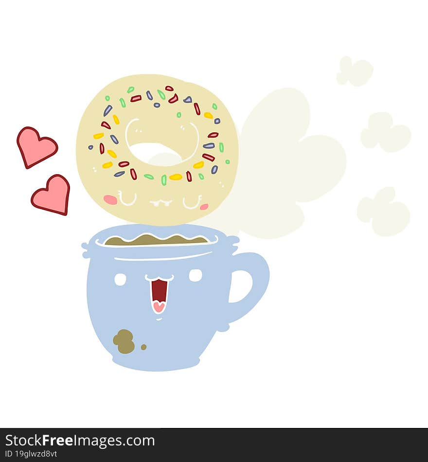 cute flat color style cartoon donut and coffee