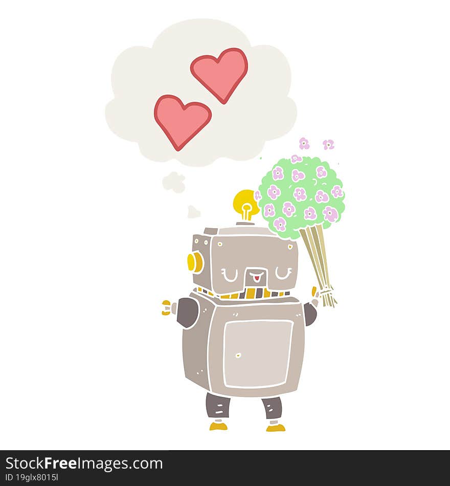 cartoon robot in love and thought bubble in retro style