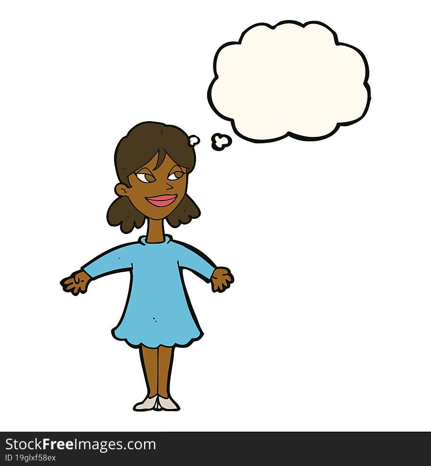 cartoon woman with open arms with thought bubble