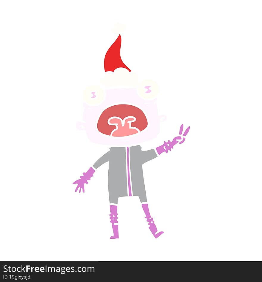 flat color illustration of a weird alien waving wearing santa hat