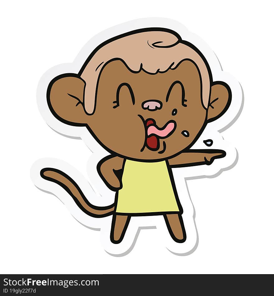 sticker of a crazy cartoon monkey in dress pointing