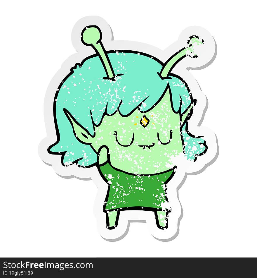 distressed sticker of a cartoon alien girl