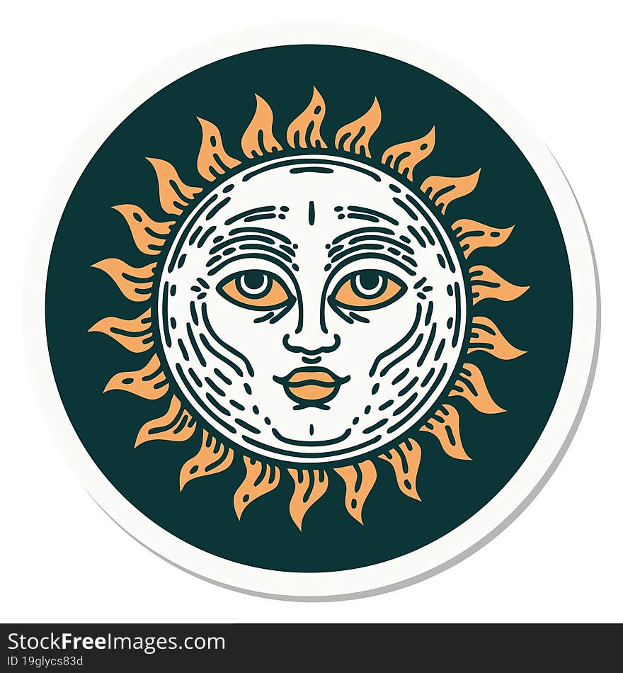 sticker of tattoo in traditional style of a sun with face. sticker of tattoo in traditional style of a sun with face