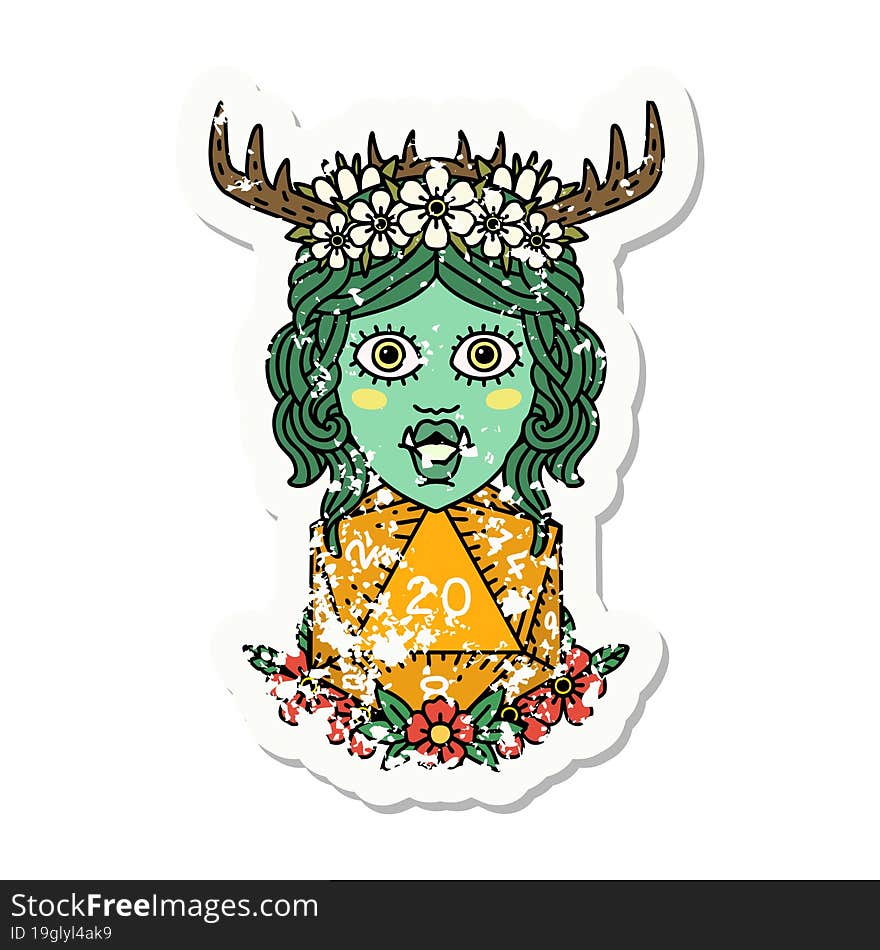 grunge sticker of a half orc druid with natural twenty dice roll. grunge sticker of a half orc druid with natural twenty dice roll