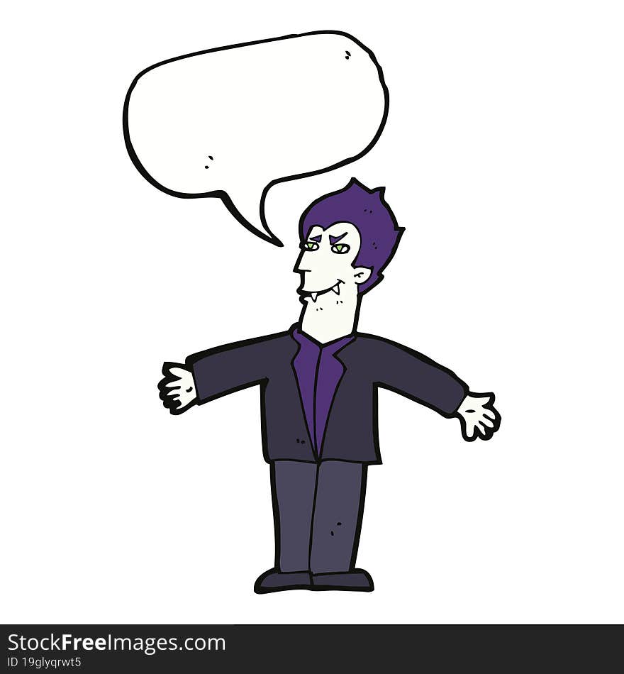 cartoon vampire man with open arms with speech bubble