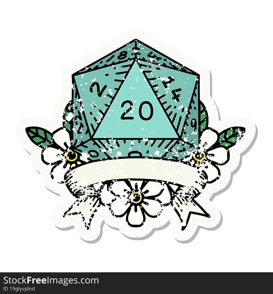 Natural 20 Critical Hit D20 Dice Roll Grunge Sticker