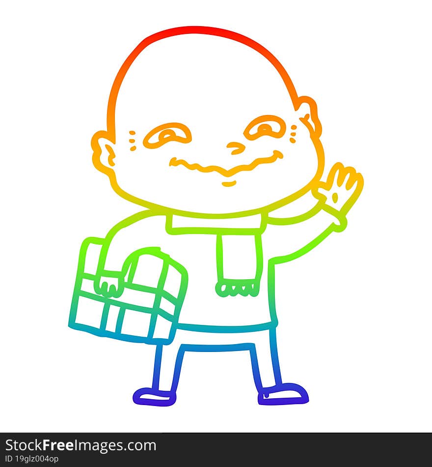 rainbow gradient line drawing of a cartoon nervous man with xmas present