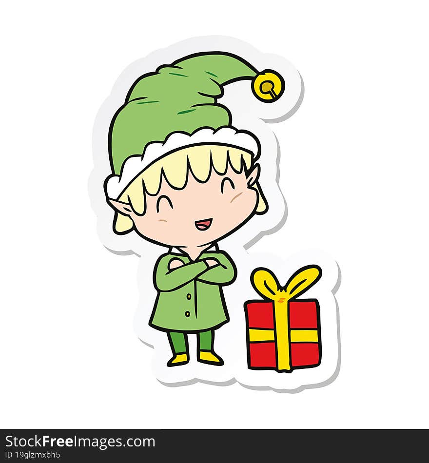 sticker of a cartoon happy christmas elf