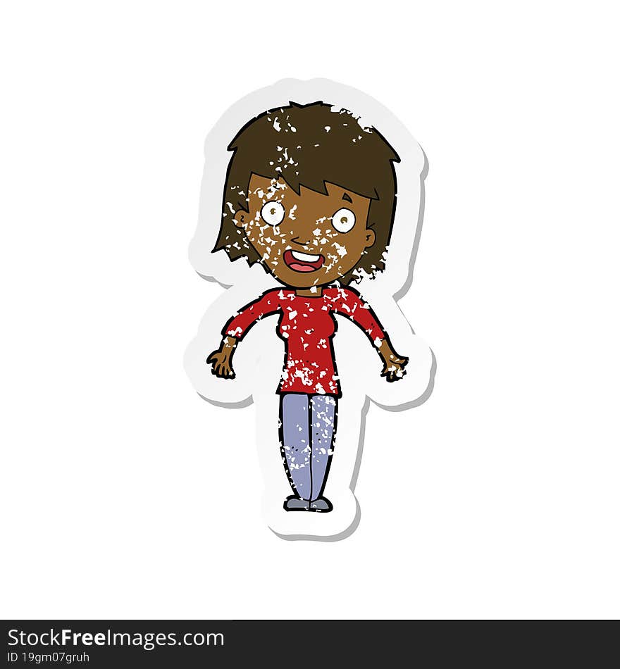 retro distressed sticker of a cartoon woman shrugging shoulders