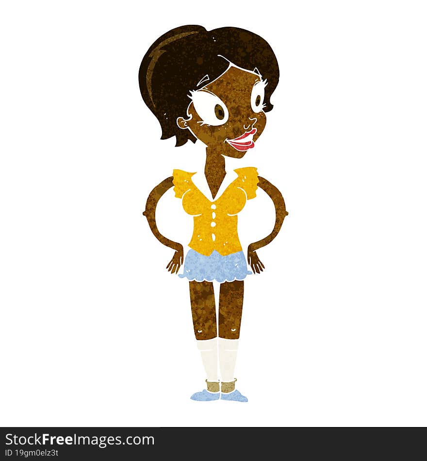 cartoon happy woman in short skirt