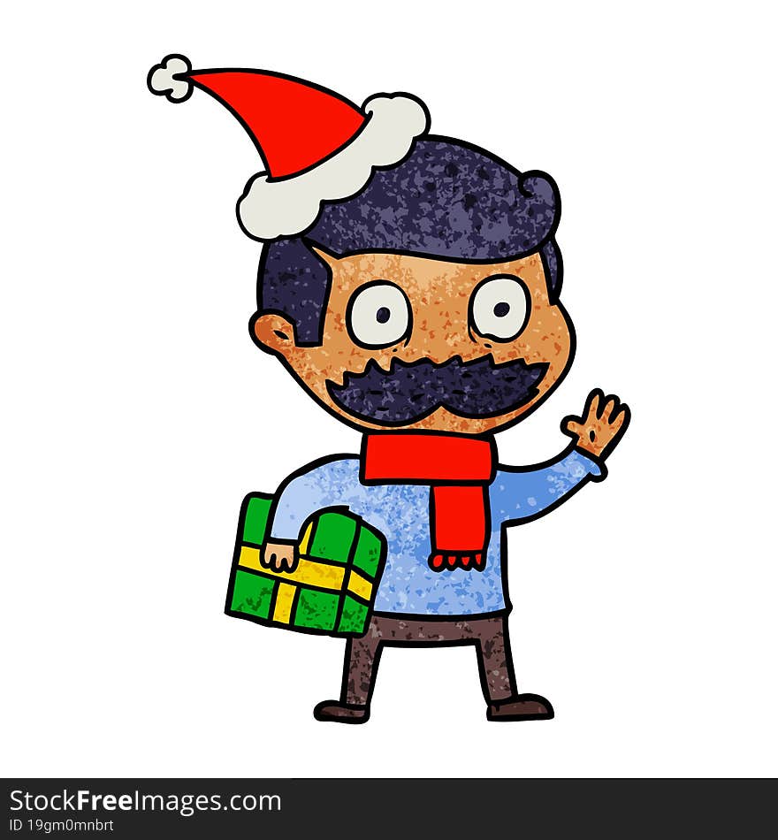 hand drawn textured cartoon of a man with mustache and christmas present wearing santa hat