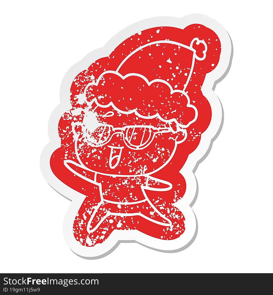 cartoon distressed sticker of a happy woman wearing spectacles wearing santa hat