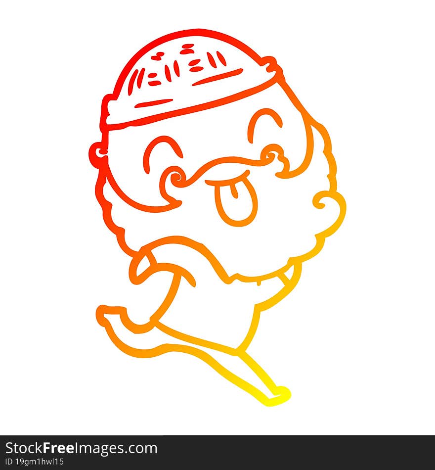 warm gradient line drawing running man with beard sticking out tongue