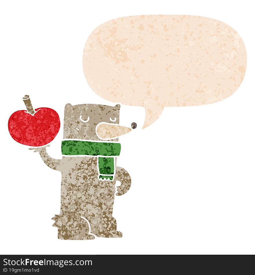 cartoon bear with apple and speech bubble in retro textured style