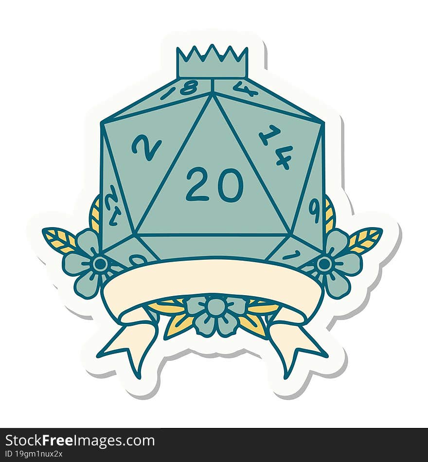 sticker of a natural 20 critical hit D20 dice roll. sticker of a natural 20 critical hit D20 dice roll