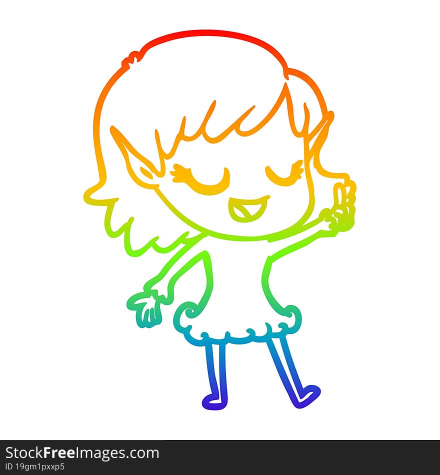 rainbow gradient line drawing of a happy cartoon elf girl