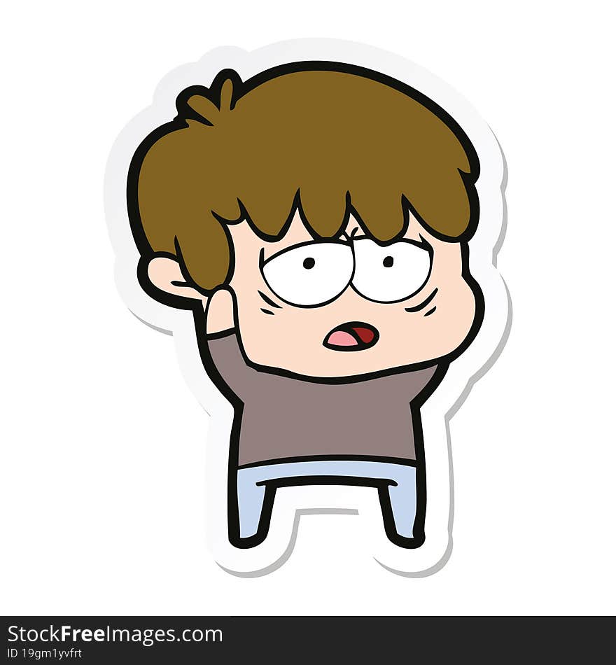 sticker of a cartoon exhausted boy