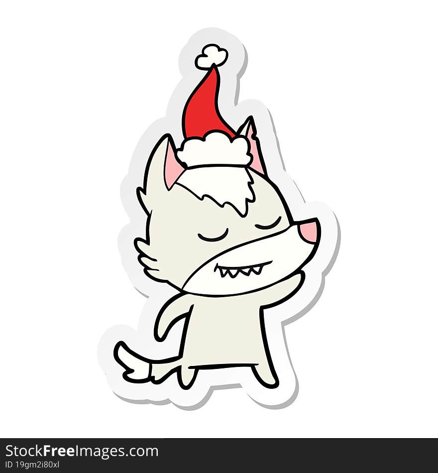 friendly sticker cartoon of a wolf wearing santa hat