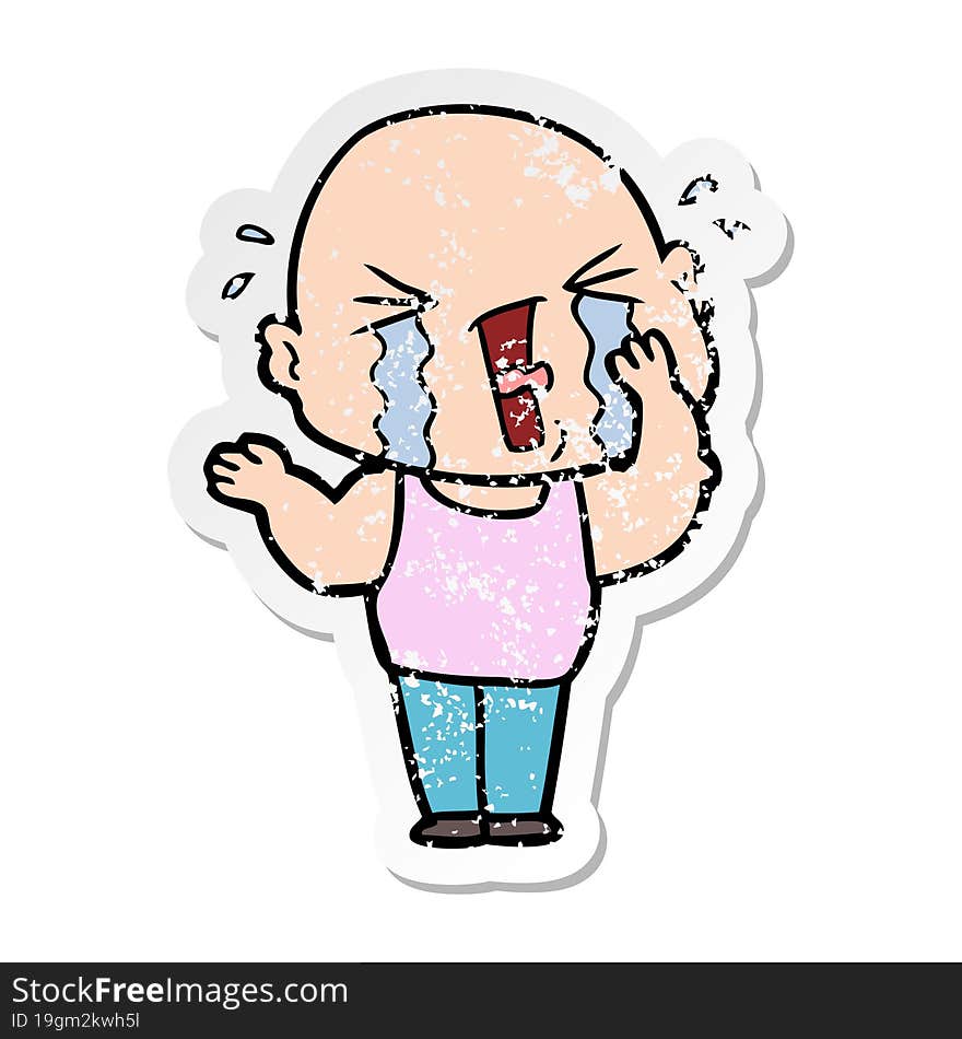 distressed sticker of a cartoon crying bald man