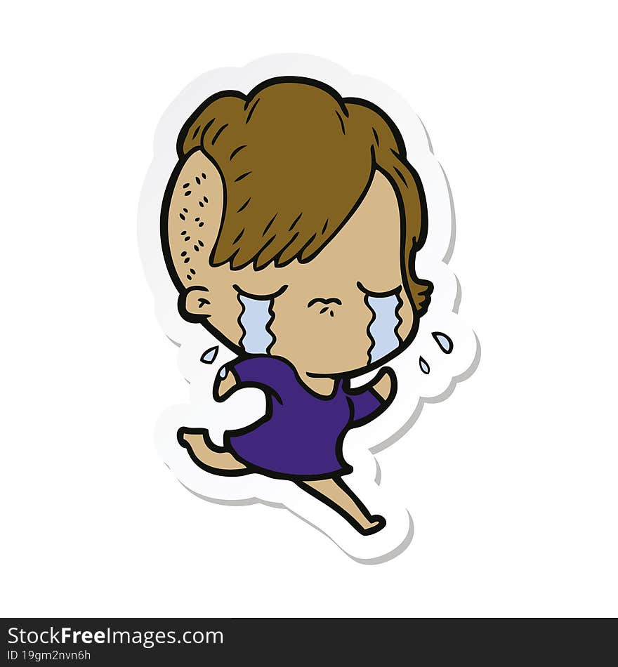 Sticker Of A Cartoon Crying Girl Running Away