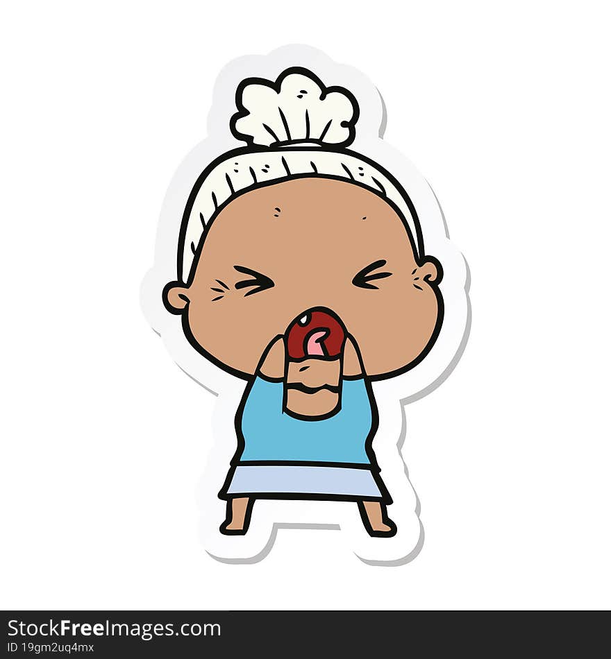 sticker of a cartoon angry old woman