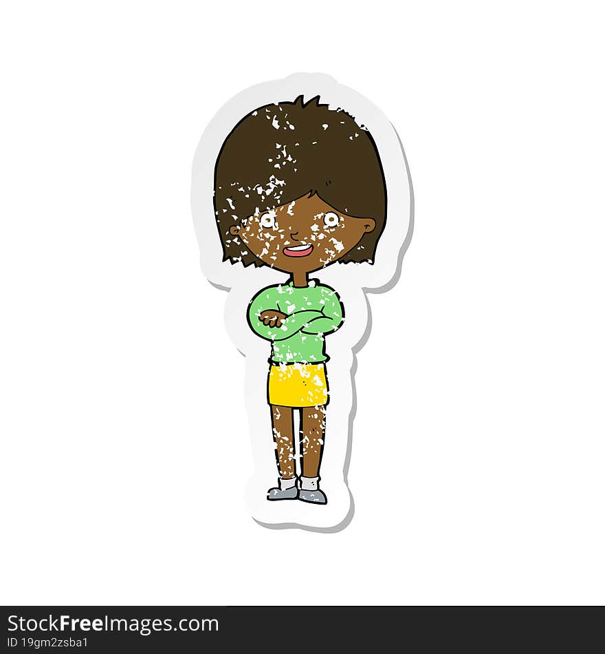 retro distressed sticker of a cartoon happy woman