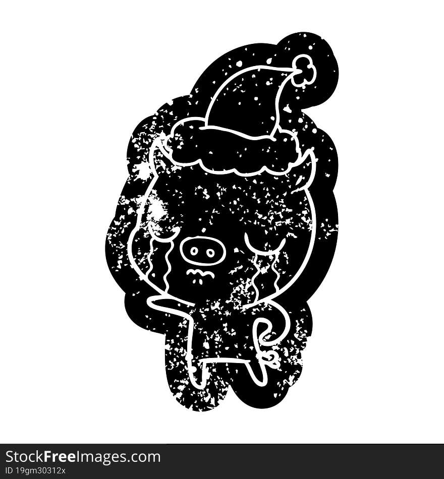 Cartoon Distressed Icon Of A Pig Crying Wearing Santa Hat