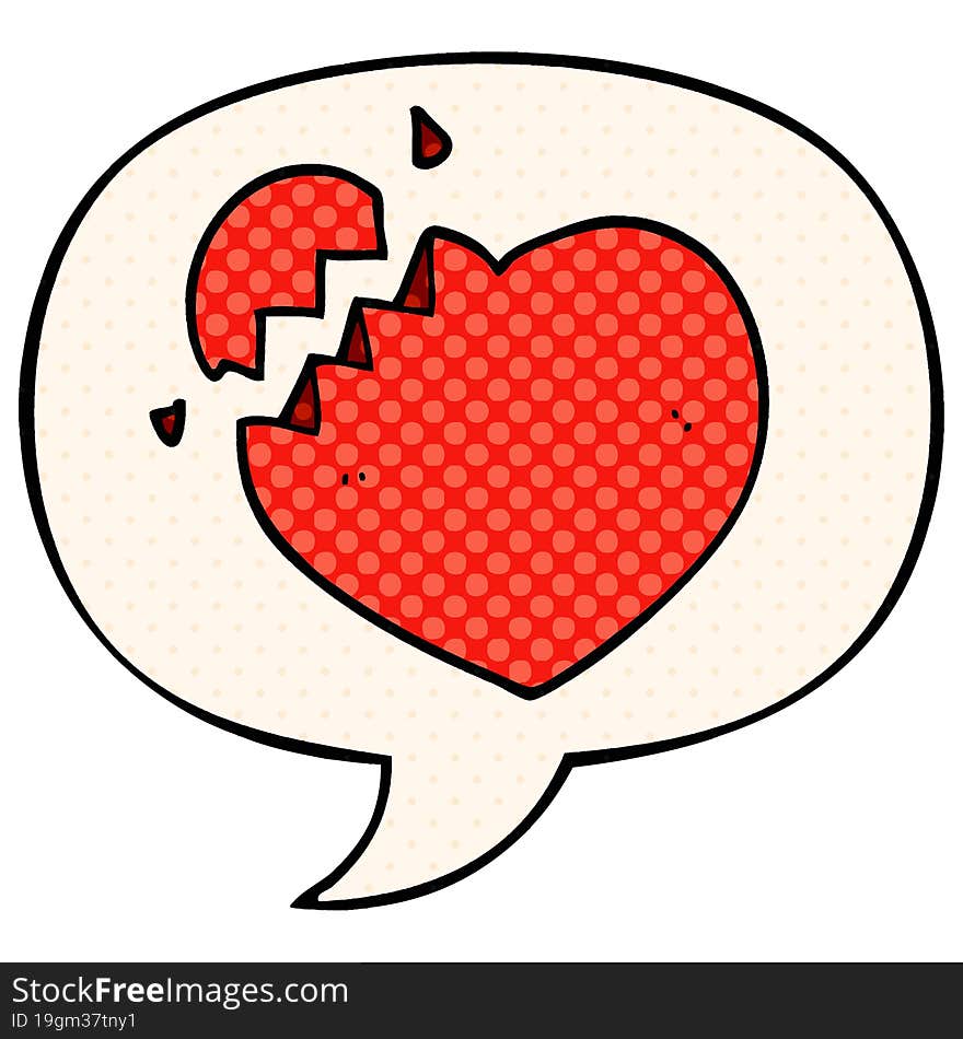 cartoon broken heart with speech bubble in comic book style