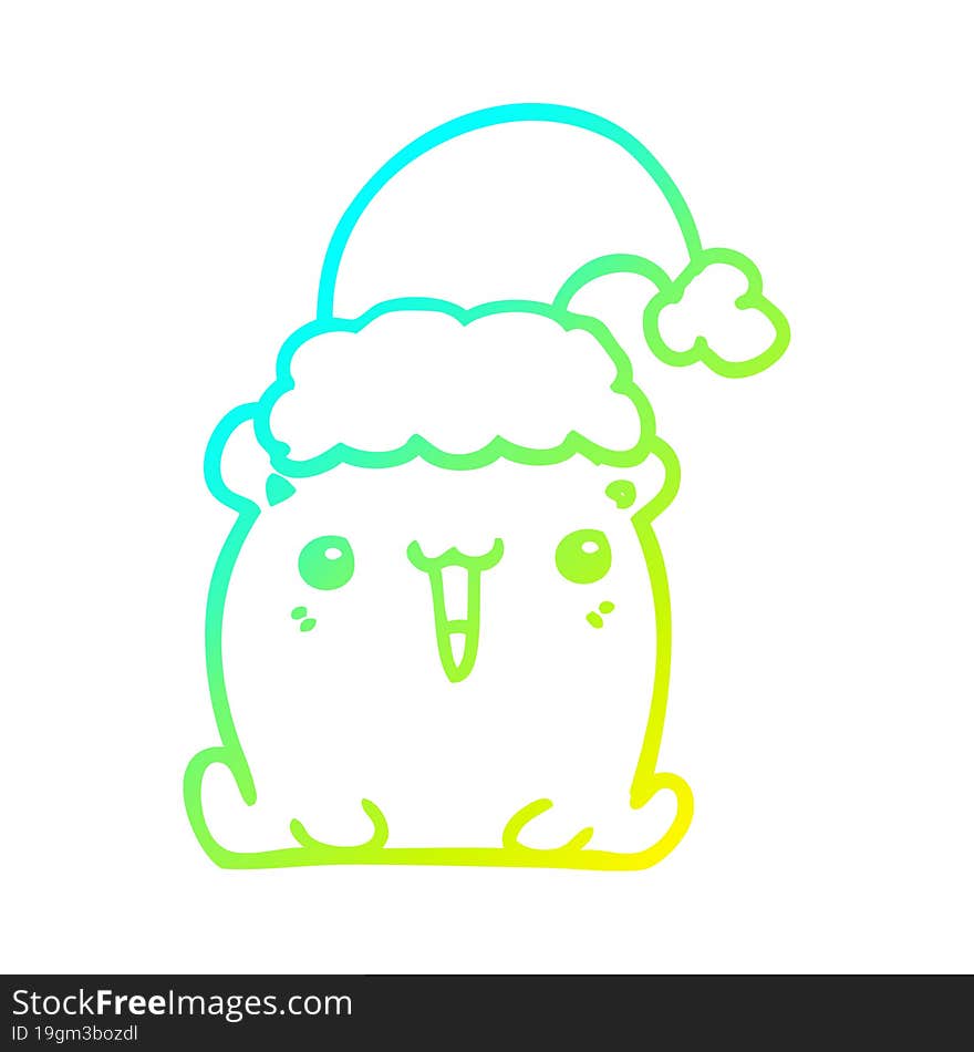 Cold Gradient Line Drawing Cute Cartoon Bear With Christmas Hat