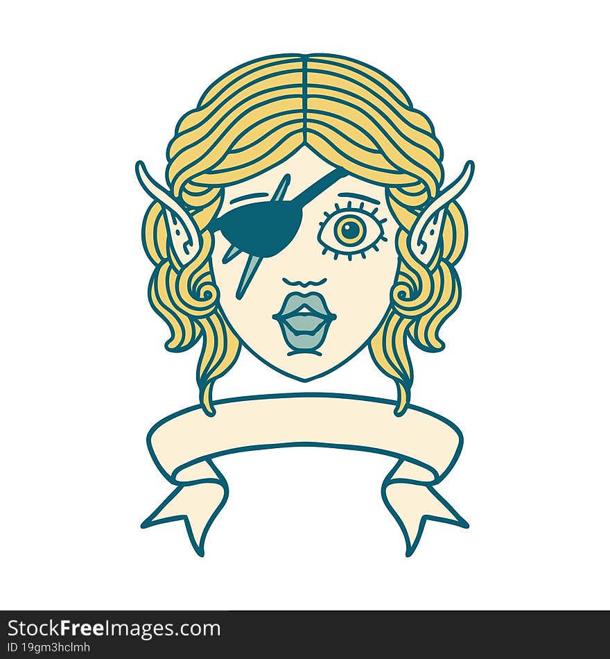 Retro Tattoo Style elf rogue character face with banner. Retro Tattoo Style elf rogue character face with banner