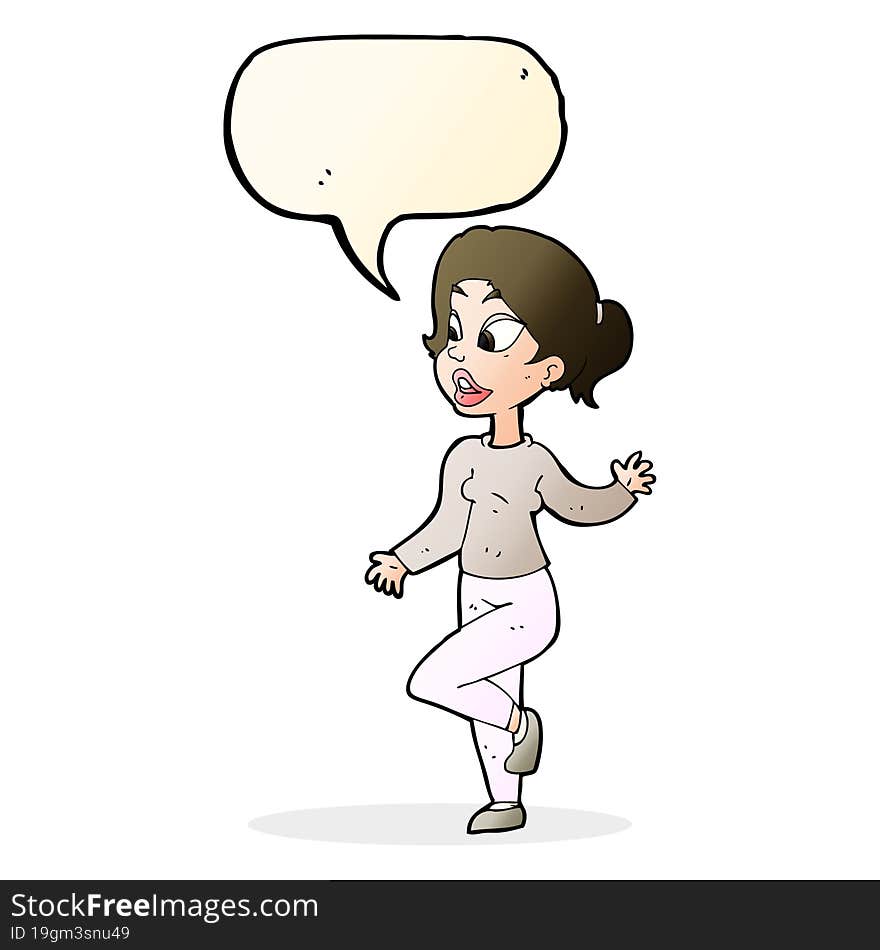 cartoon friendly woman waving with speech bubble