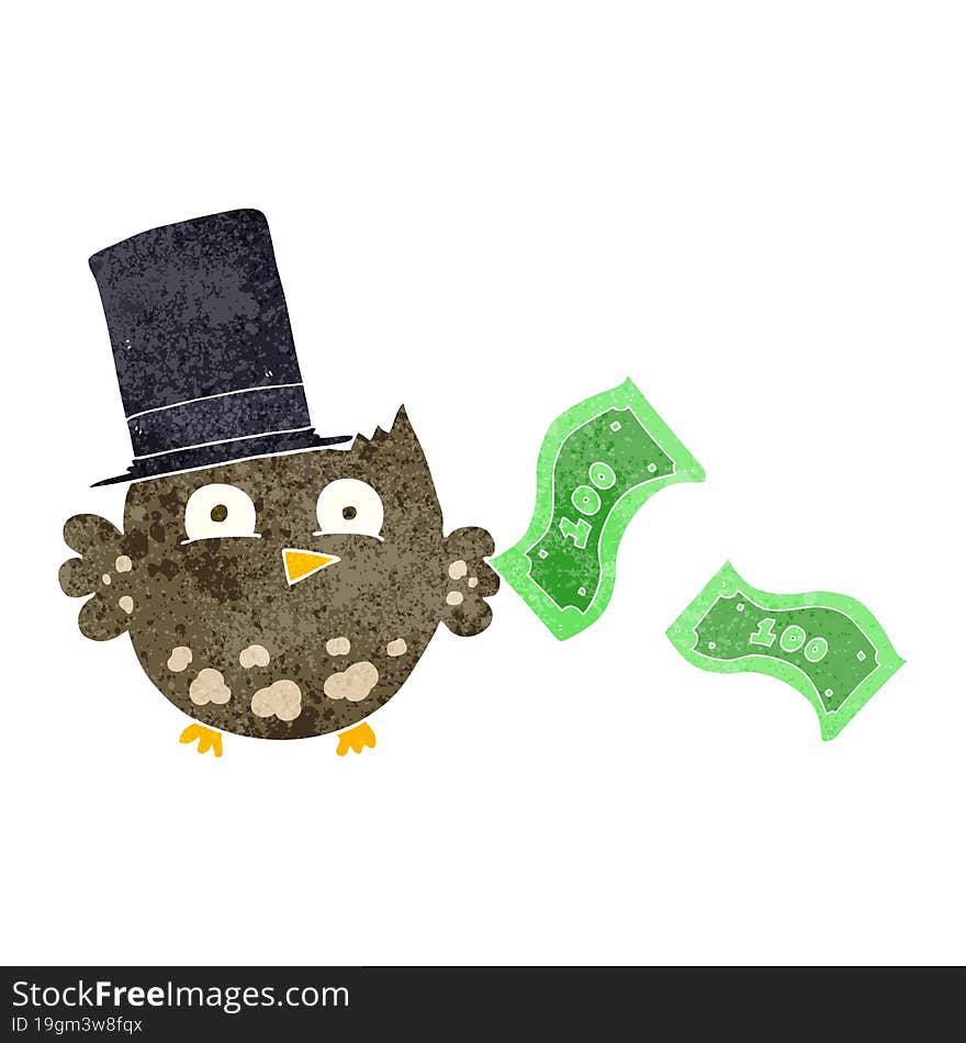 retro cartoon wealthy little owl with top hat