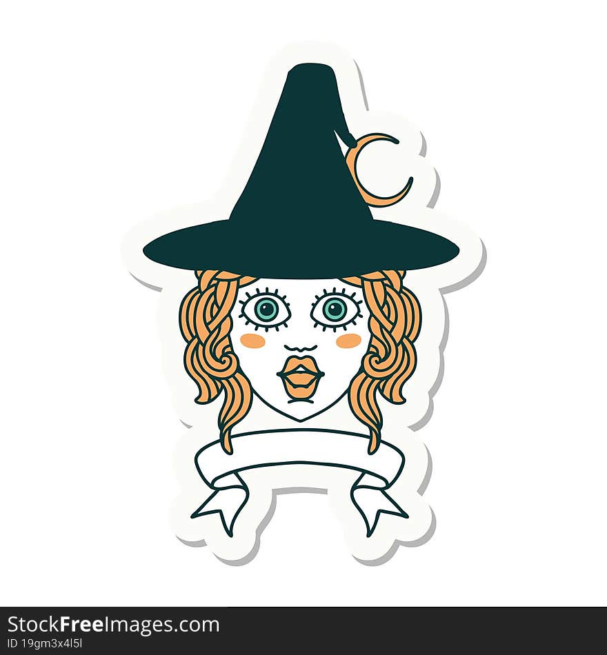 sticker of a human witch character with banner. sticker of a human witch character with banner